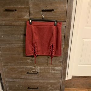 Maroon mini skirt that ties at the bottom